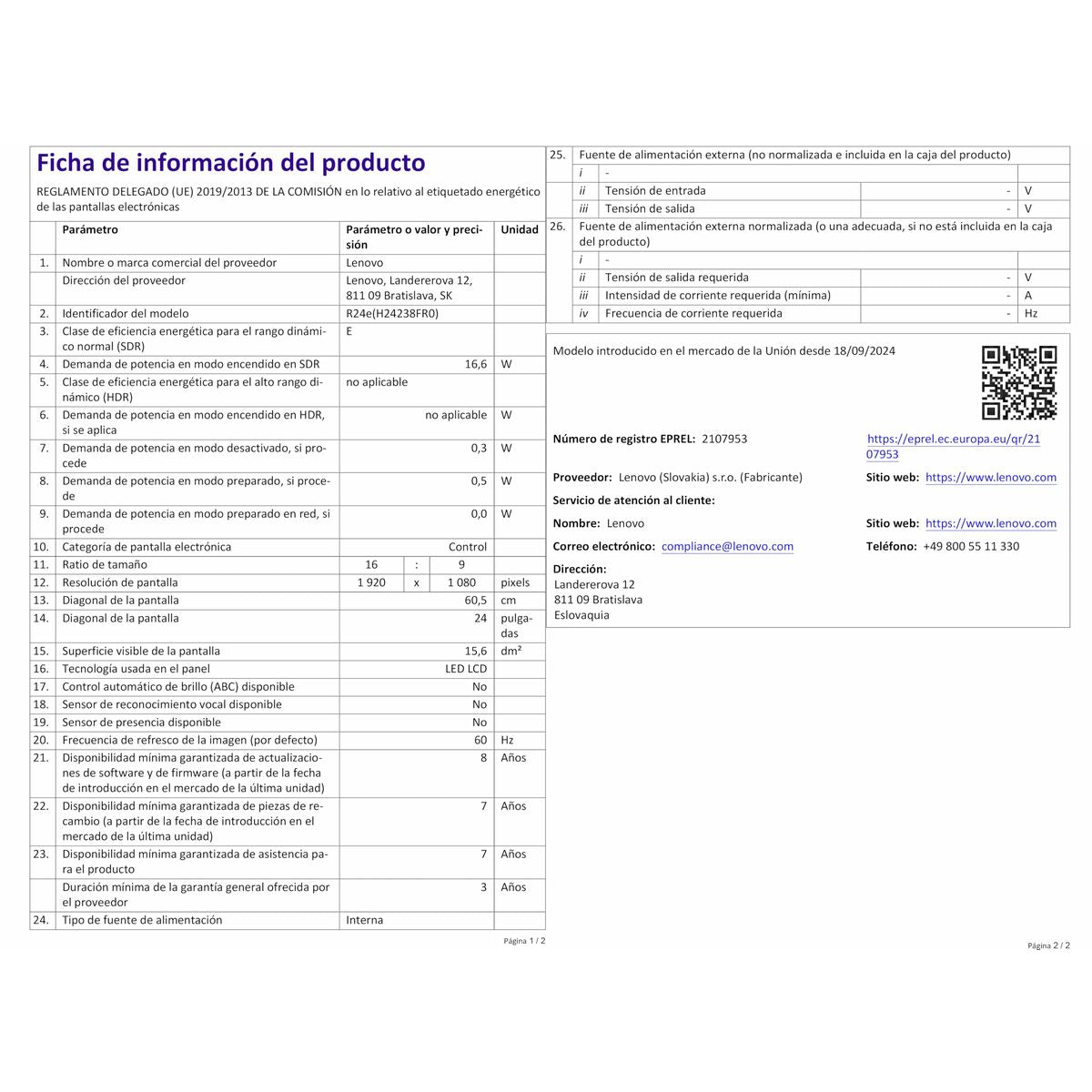 Lenovo Monitor Lenovo 24" 23,8" Full Hd