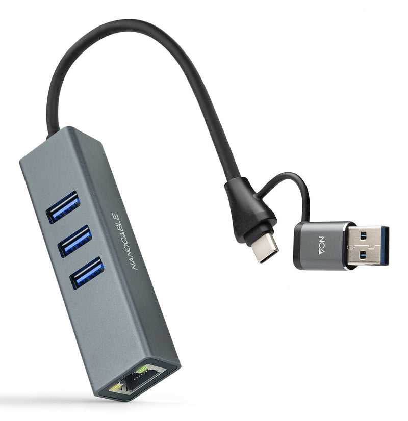 Nanocable Hub USB + USB Type-c 3.0 10.03.0412 3x USB 1x RJ45 Grey