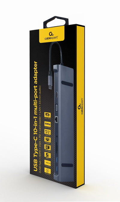 Gembird A-CM-COMBO10-01 USB Type-c 10IN1 Multi Port Adapter USB Hub + HDMI + VGA + Pd + Card Reader + LAN + 3. — image 1