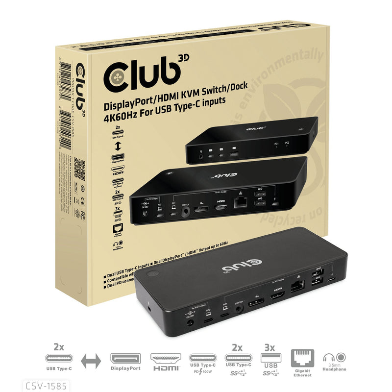 CLUB3D KVM Switch 4K60HZ 2x USB-C HDMI DP 3x USB 2x USB-C LAN Retail