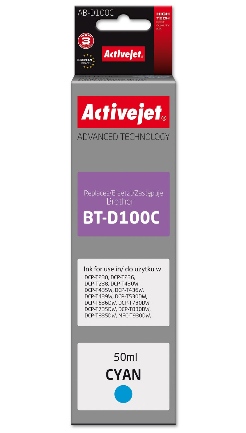 Activejet AB-D100C: Ink Cartridge Printer Brother, Replacement Brother BT-D100C, Supreme, 50ML, Blue