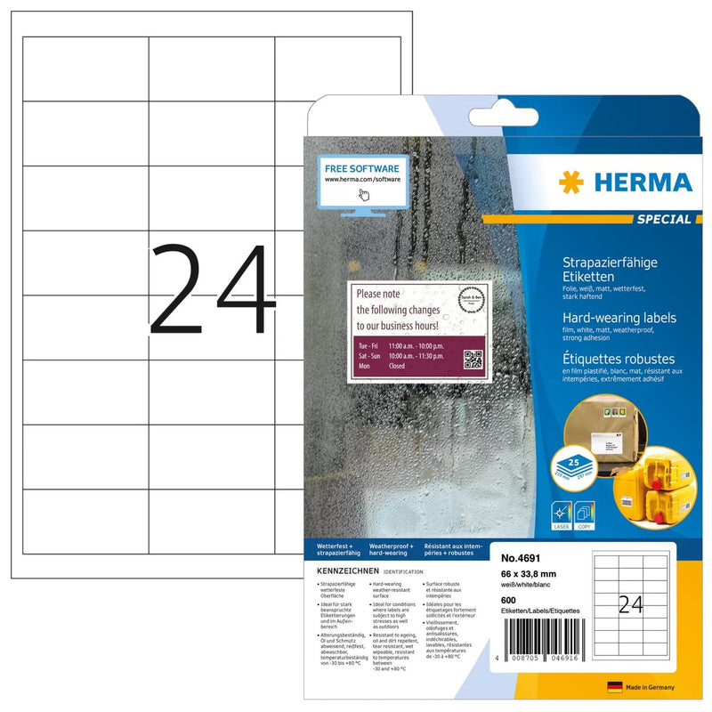 Herma Hardwearing Labels 66X33,8 25 Sheets Din A4 600 Pcs. 4691 Labels