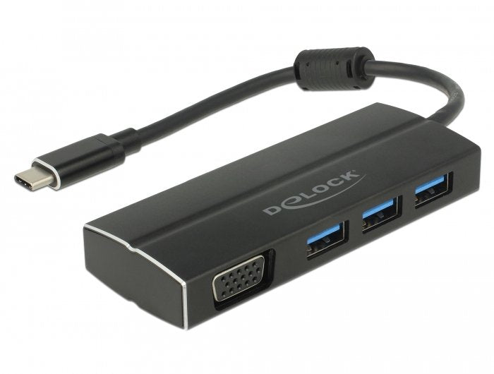 Delock Hub USB 3.2 Gen 1 Multiport Connector USB-C 3x USB-A + VGA Socket USB Hub Black, 15CM 63932