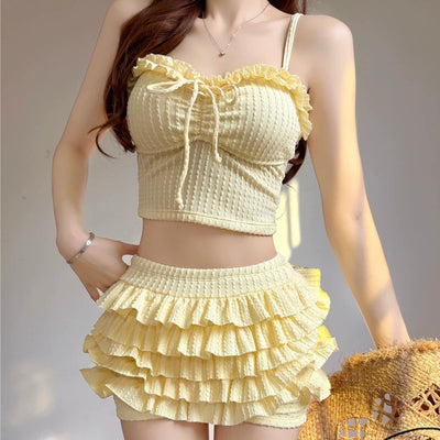 Womens Two-Piece Split Swimsuit Camisole Style Solid Color