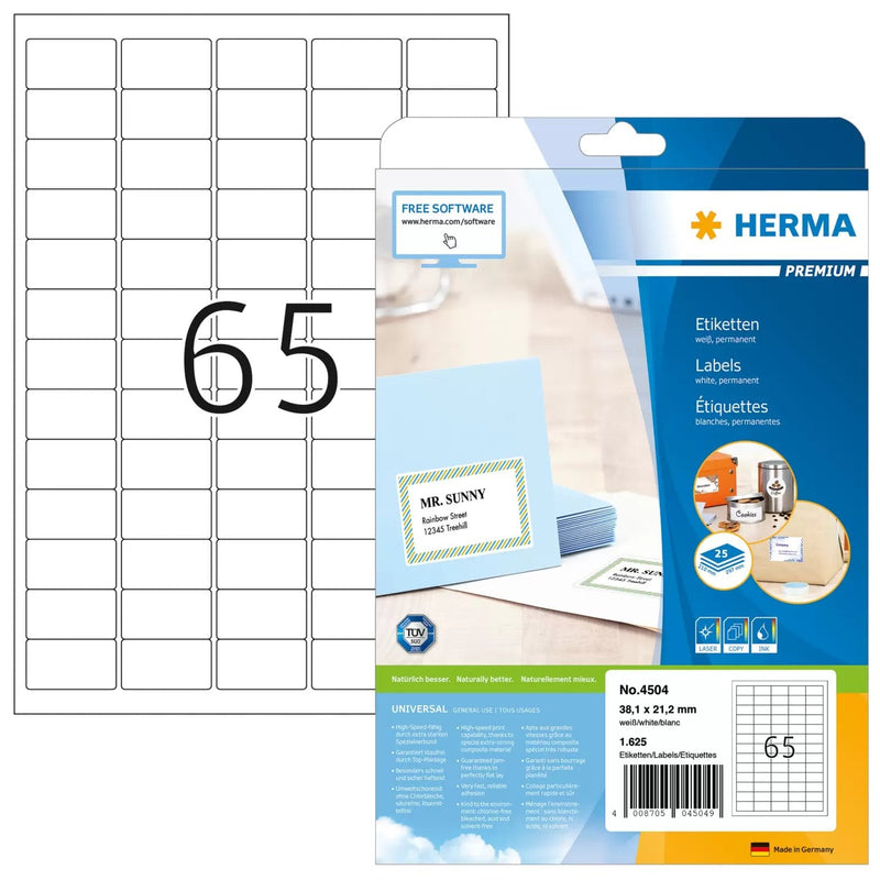 Herma 4504_ A4, 38,1 X 21,2MM - Pack 1625 Labels Dirección, A4, 38.1 X 21.2MM, Colour White