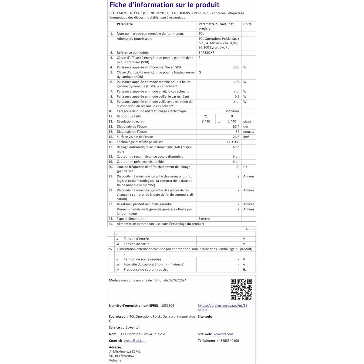 Tcl Monitor Tcl 34R83Q Lcd 37"