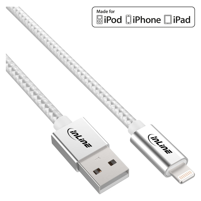 Inline USB Cable Lightning Ipad Iphone Ipod Silver 1M Certificado Mfi