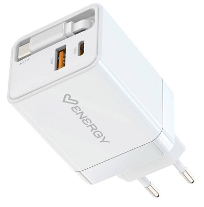 Energy Sistem Charger Retractable Charger GaN 20W - 1x USB-C Pd, 1x USB-A + USB Cable -c 60CM Retractable - Ch — image 1