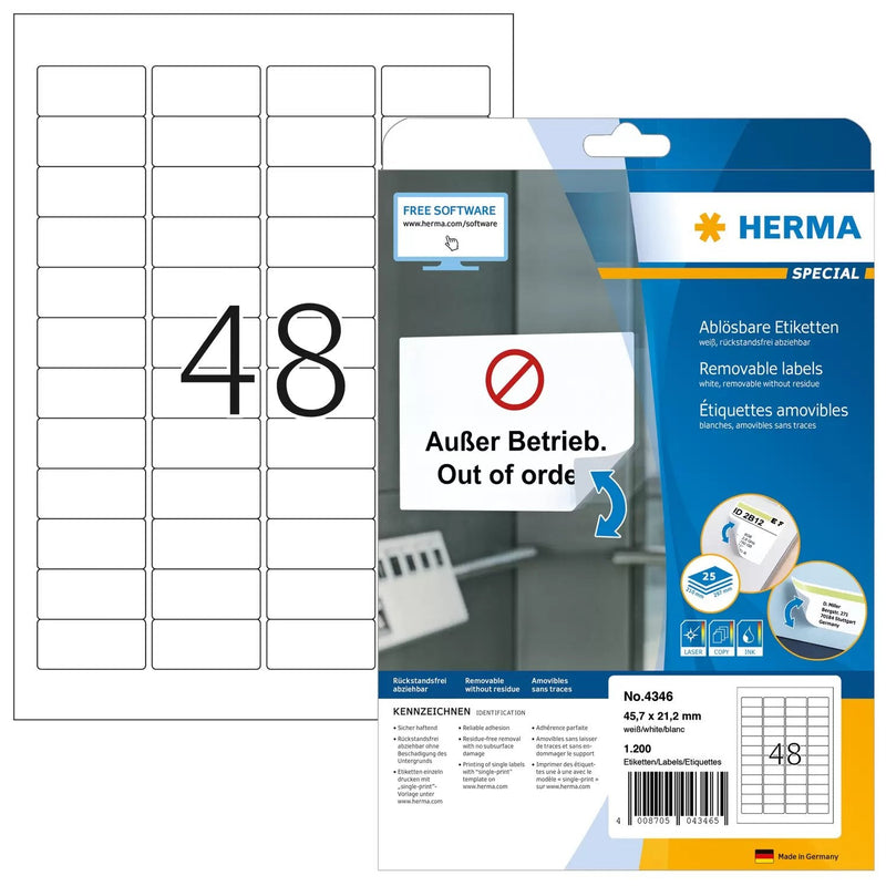Herma Removable Labels 45,7X21,2 25 Sheets Din A4 1200 Pcs. 4346 Labels