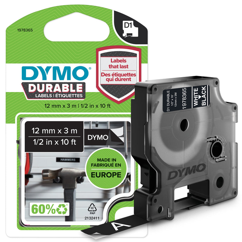 Dymo D1 Tape Vinyl 12MMX3.0M White Black