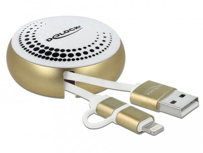 Delock USB 2 In 1 Cable Retractable Type a Micro-b And Lightning™ White Gold — image 1