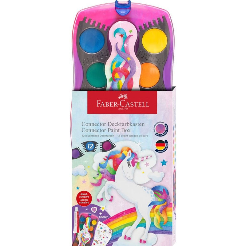Faber-castell Connector Unicornio Pack 12 Acuarelas Pastilla + Pintura White Opaca + Pegatinas - Large Opacida
