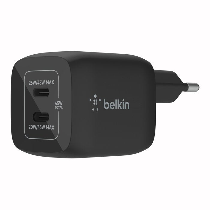 Belkin Pared Cargador 2x USB-C 45W PD 3.0, Pps, Negro WCH011VFBK