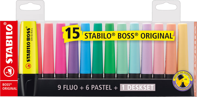 Stabilo Boss Genuine 15 Markers Colours 9 Fluorescentes 6 Pastel Set Of Desk