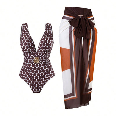 One-piece Deep-V Swimsuit With Printed Beach Dress Set