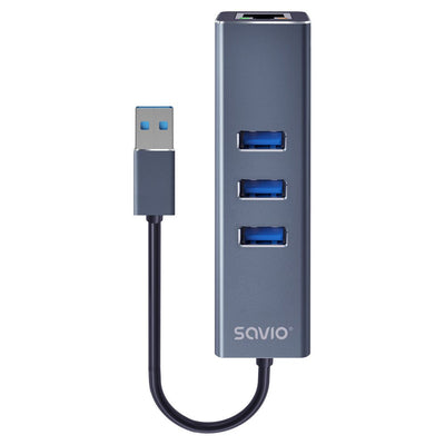 Savio AK-57 USB-A - Hub 3 X USB-A With Adapter RJ-45 Gigabit Ethernet, 5000 Mbit/S, Grey — image 1