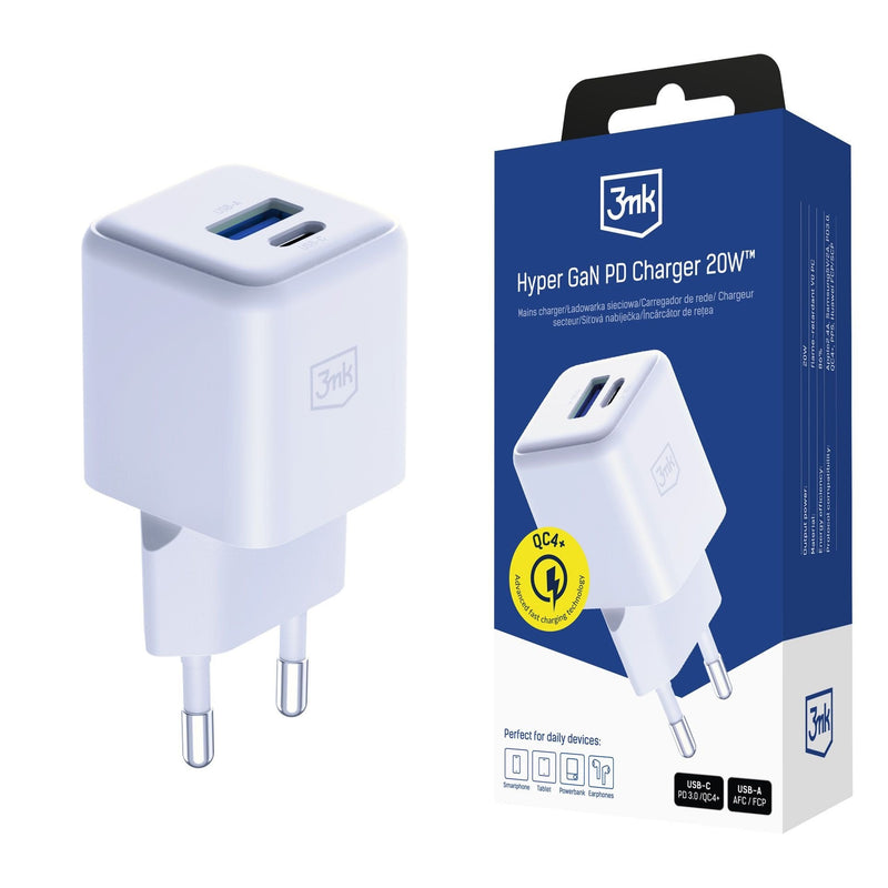 Charger Network Hyper GaN 20W 1x USB-A 1x USB-C Pd QC4 + White