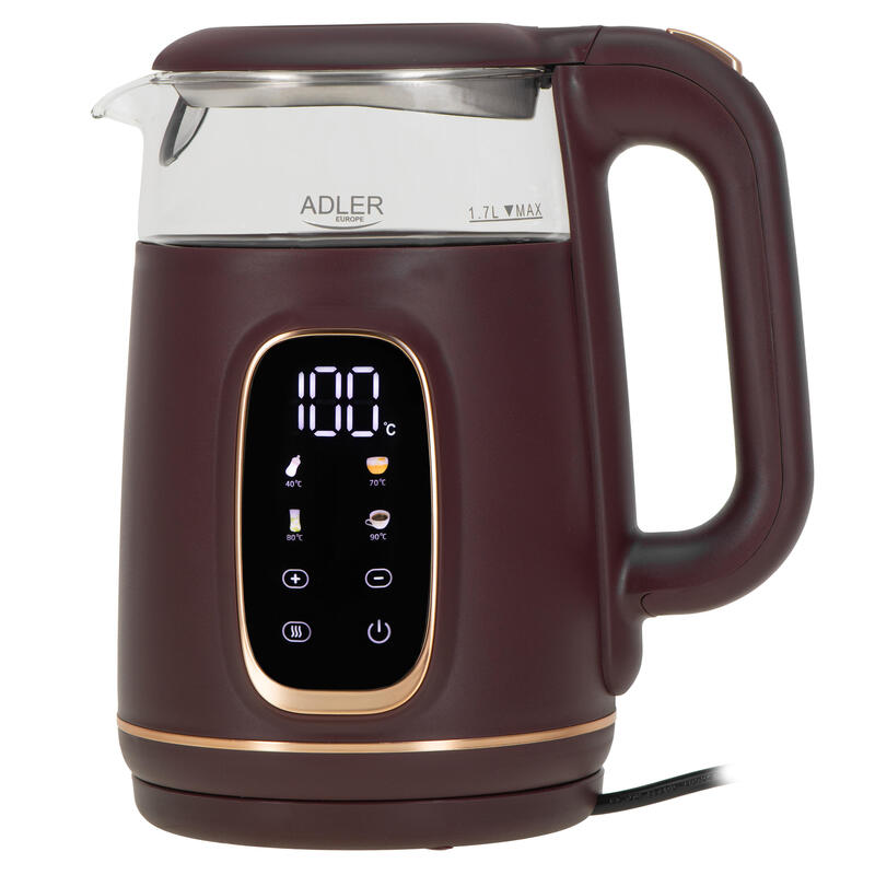 Adler Ad 1305 Electric Kettle, Glass Con LED Pantalla & Temperature Regulation, 1.7L, Burgundy