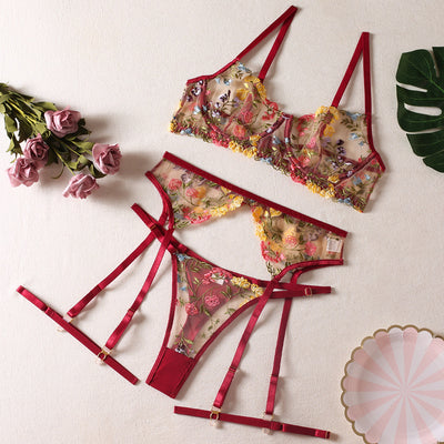 Womens Sexy Sheer Yellow Pastoral Floral Lingerie 4-Piece Set With Leg Rings