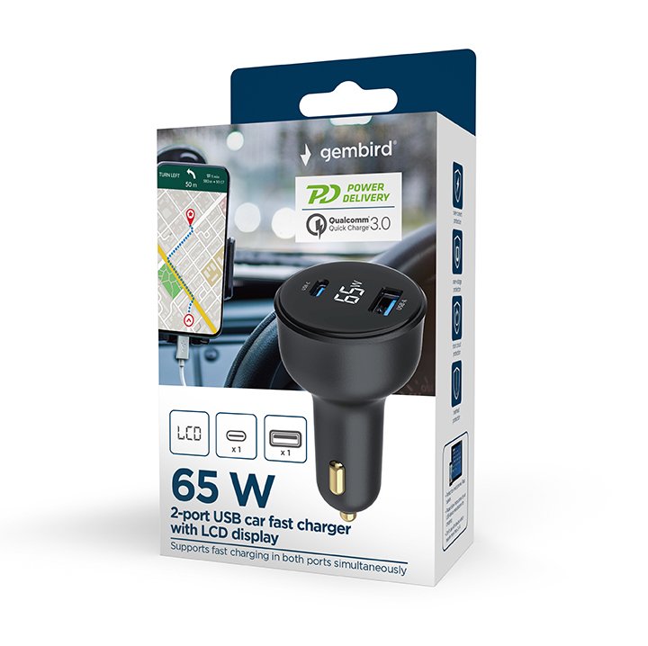 Gembird TA-UC-AC2PD65LCD-CAR-01 Charger Dispositivo Mobile Phone Universal Black Encendedor Cigarrillos Chargi