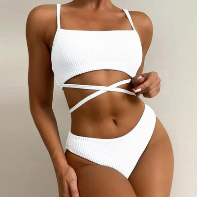 New Wave-Pattern High-Waist Solid-Color Two-Piece Swimsuit For Women