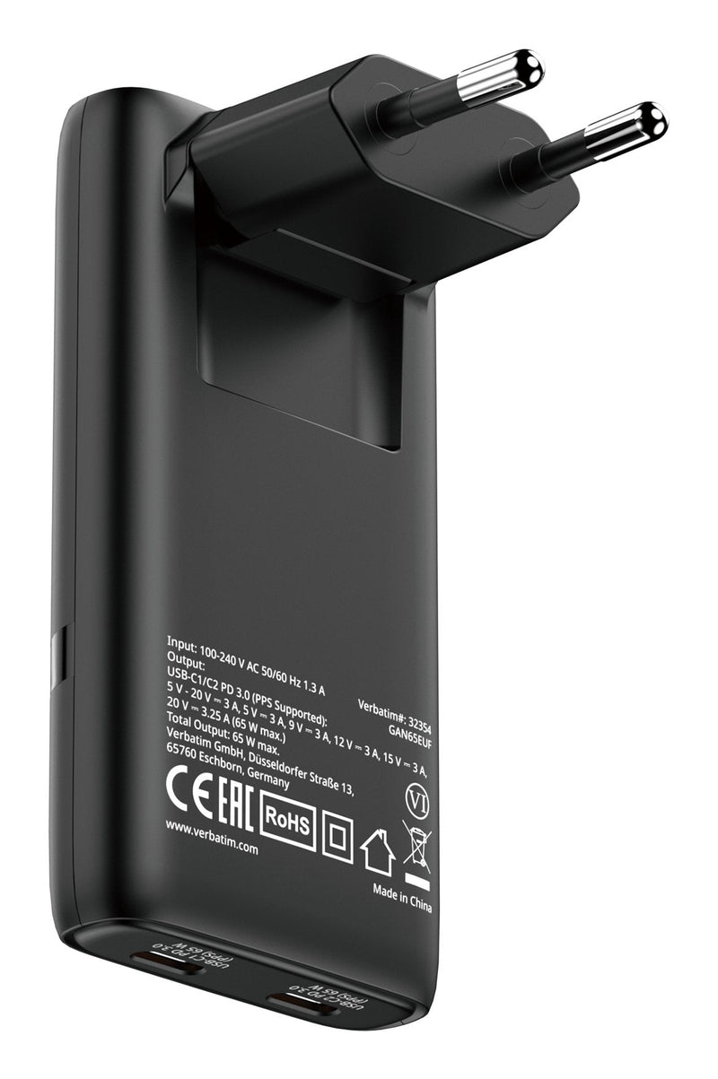 Verbatim Wall Charger GaN Fold 'n' Go 2x USB Type-c 65W