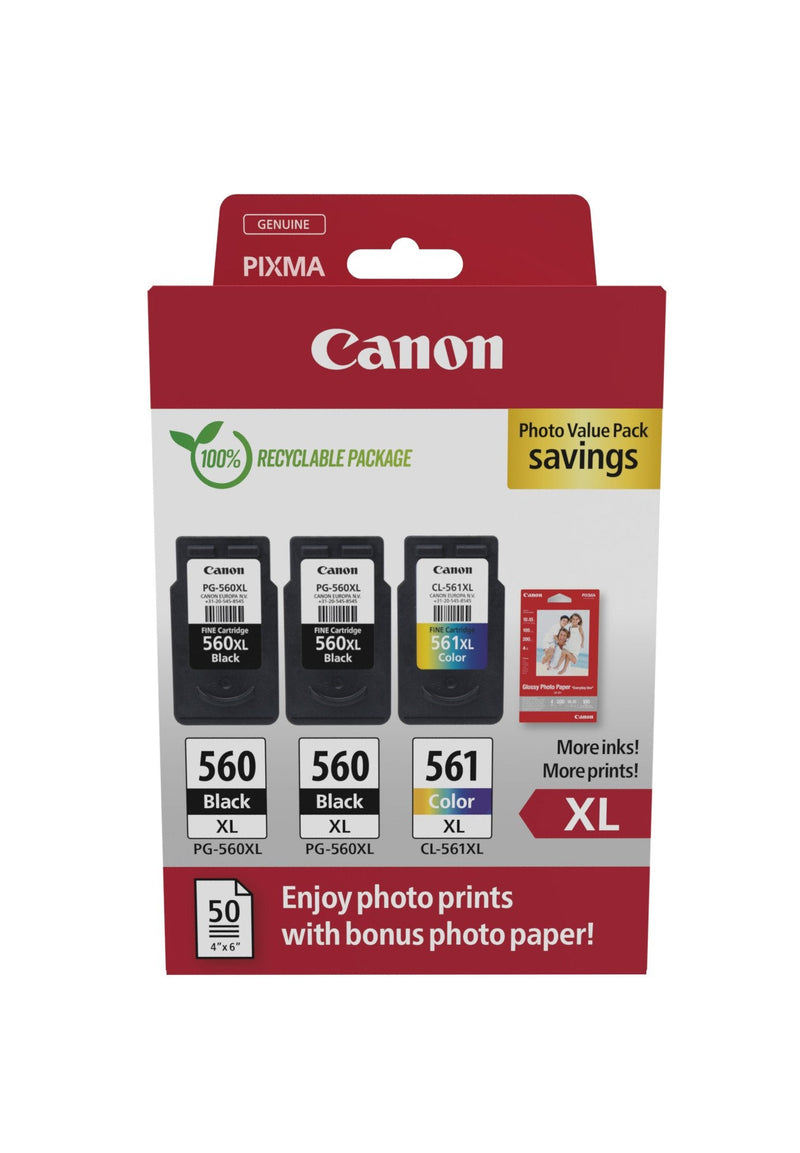 Canon PG-560XL/CL-561XL Pack 3 Cartridges Ink Originales + Paper Fotografico Glossy GP-501 - 3712C012