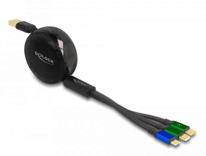 Delock 85359 USB 3 In 1 Retractable Charging Cable For Micro USB / 2 X USB Type-c™ With Fast Charging Black