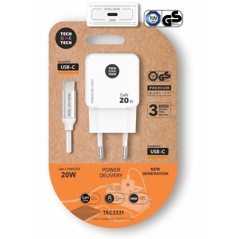 Tech One Tech Wall Charger TEC2221 1x USB Type-c + USB Cable Type-c 20W White
