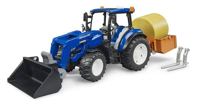 Bruder New Holland T5.120 With Charger Front Box Of Charging Horquillas And Pacas Redondas, Model Vehículo 021 — image 1