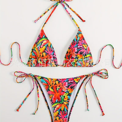 Womens Floral Print Halter-Neck Lace-Up Sexy Bikini