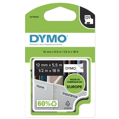Dymo Tape Labels D1 Genuine Poliéster High Yield, Black Sobre White 12MM X 5,5M Black S0718060 — image 1