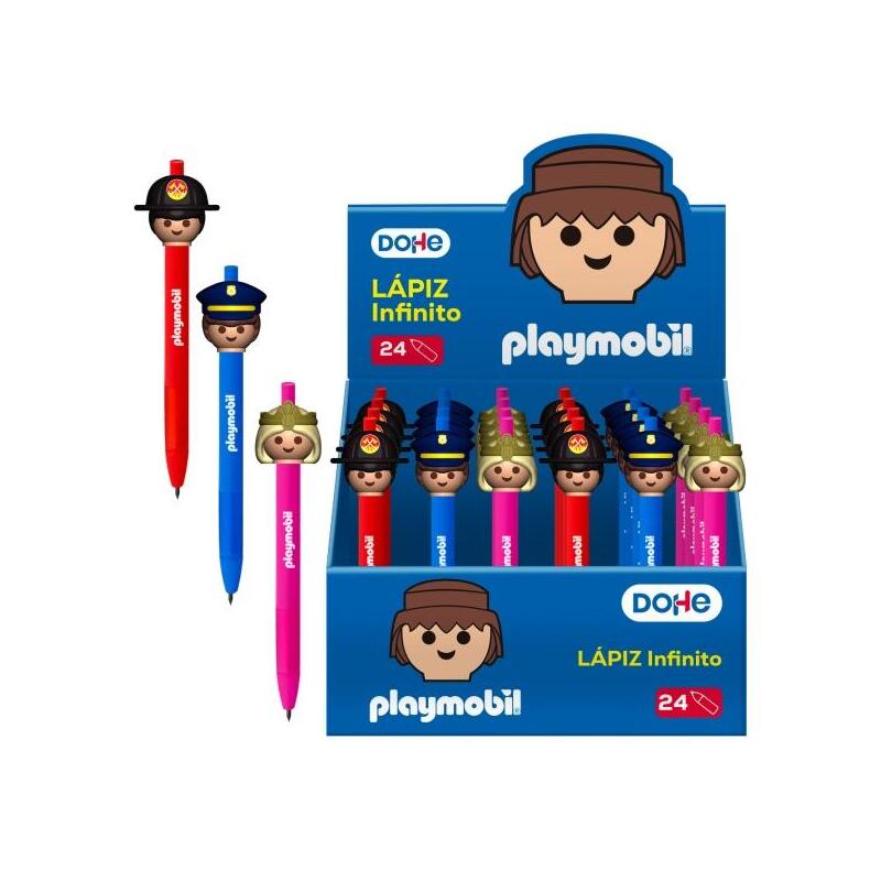 Dohe Playmobil Expositor With 24 Pencils Infinitos - Grip Caucho - Se Borra Facilmente - Decorados Playmobil P