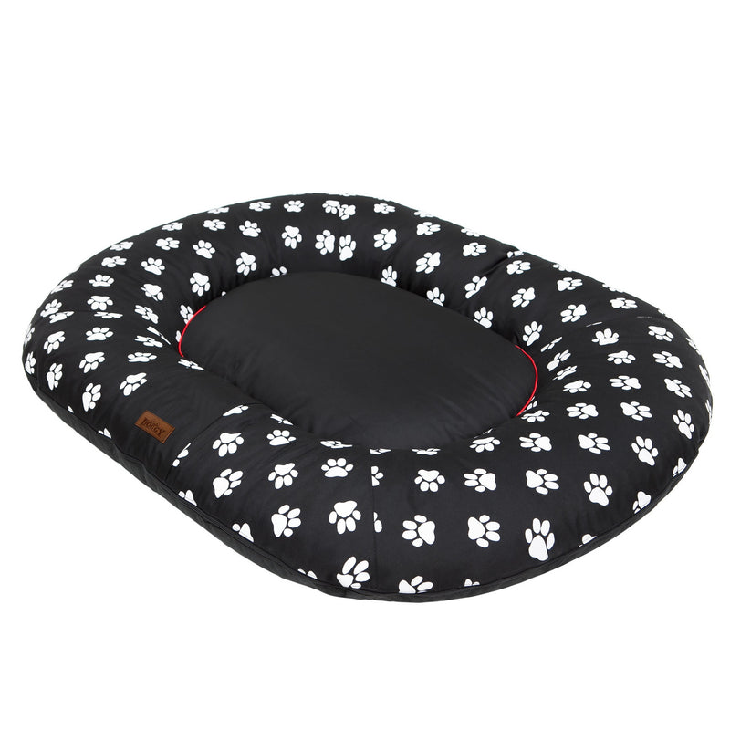 Oval Dog Basket Bed – Multicolour Black Pawprints, XXXL