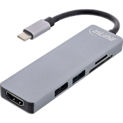 Inline Hub USB 3.2 GEN.1, 2x USB-A 5Gbps + HDMI 4K/30HZ + Card Reader, Aluminium Grey — image 1