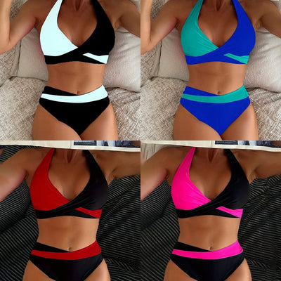 Solid-color Sexy Spliced Multicolor Halter-neck Bikini Swimsuit