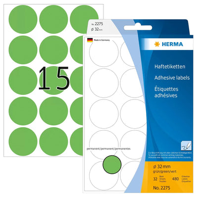 Herma Adhesive Labels Green 32MM 32 Sheets 111X170 480 Pcs. 2275 Labels — image 1