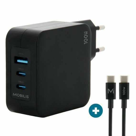 Mobilis Charger 100W 2USB C 1USBA GaN Cable 100W Laptop Smartphone, Tableta Black Power Alterna Indoor