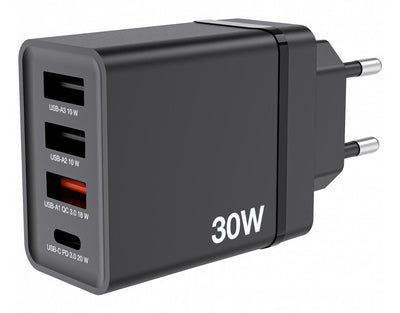 Verbatim Charger CHR-30EU1, 30W, GaN, Black 2x Usb-a, 1x USB-A Qc, 1x USB-C Pd — image 1