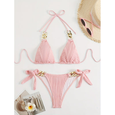 Womens Sexy Two-Piece Chain-Embellished Swimsuit Bikini Set
