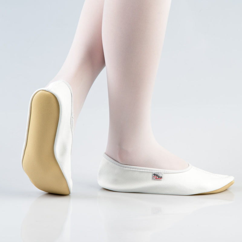 Leather Gymnastics Slippers With Rubber Ridge and Sole - White