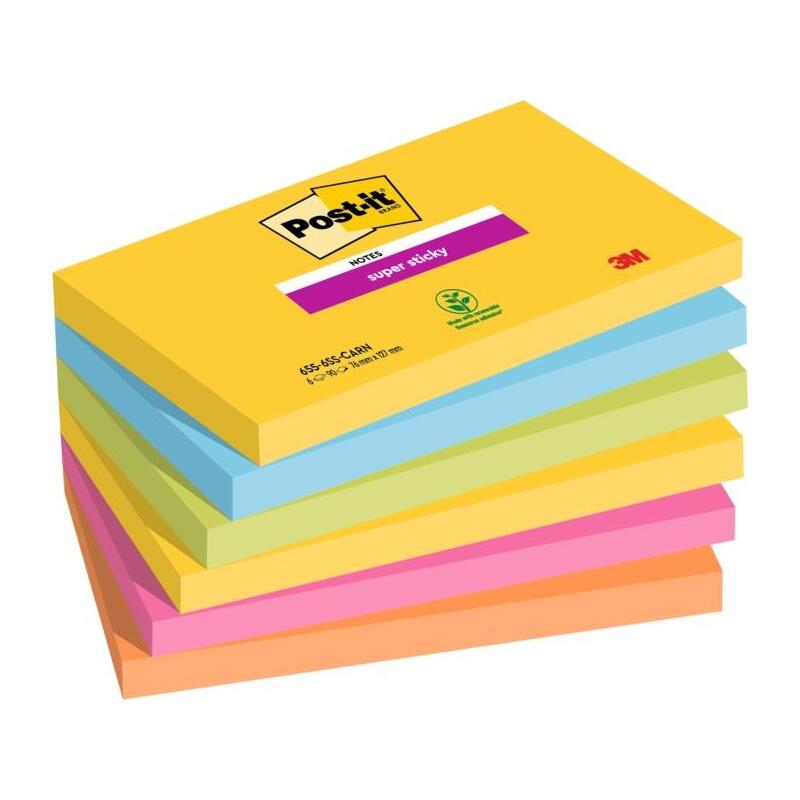 Post-it Super Sticky Pack 6 Blocs 90 Notas Adhesivas Reposicionables - Forma Rectangular - Colours Surtidos