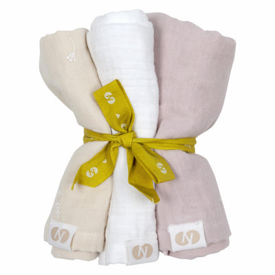 BURRY Muslin Burp Cloths, Set of 3 – Beige/white/pink print